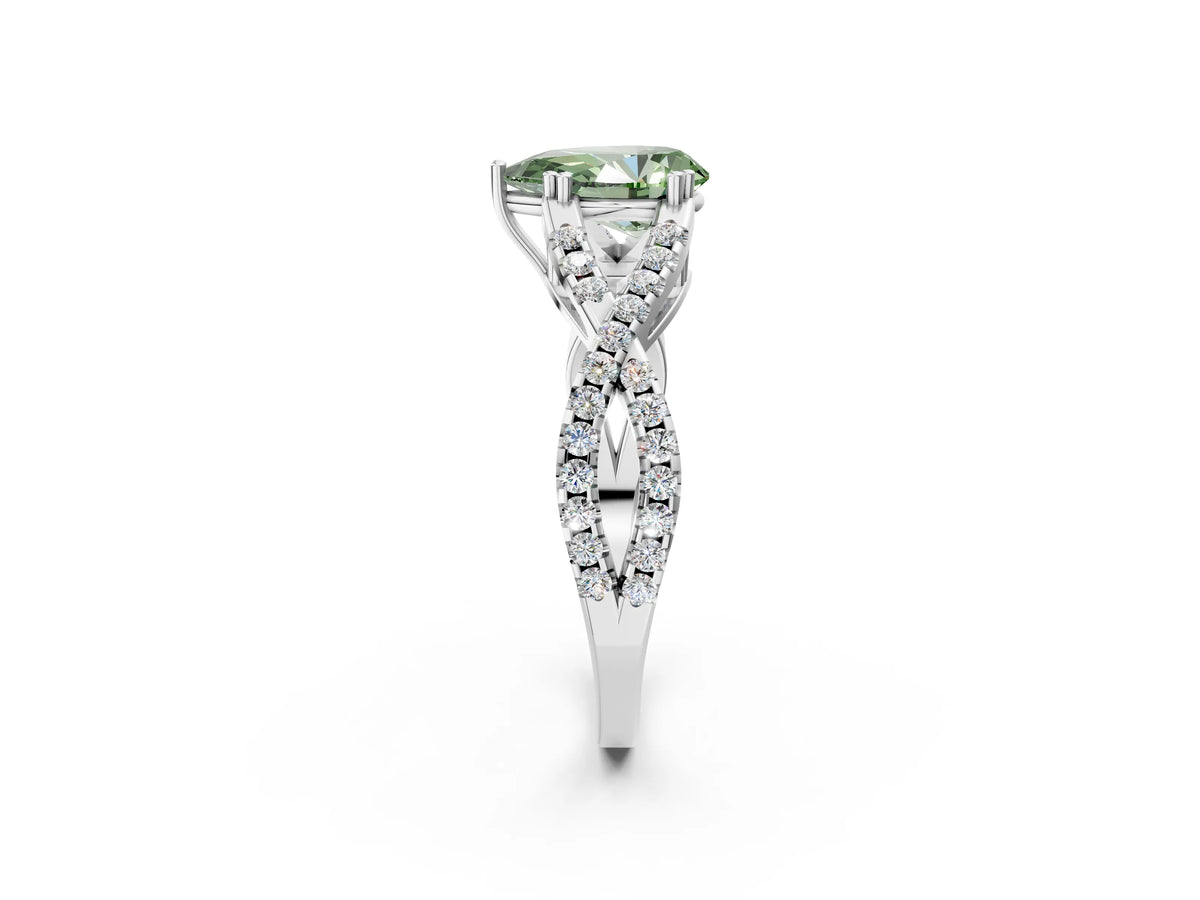 Fancy Green Pear Cut Diamond Solitaire Ring in White gold with Interwoven Pavé Band and Prong Setting_2