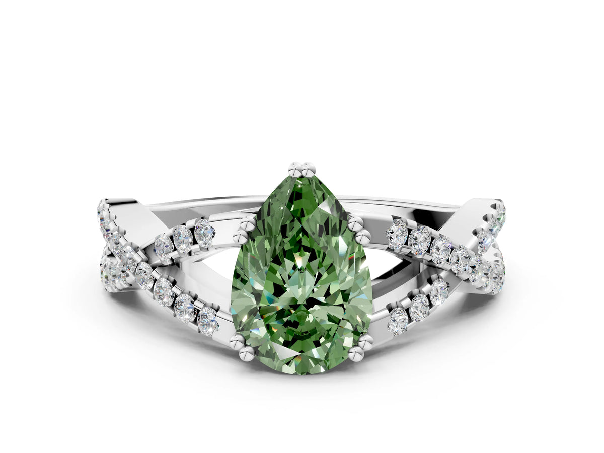 Fancy Green Pear Cut Diamond Solitaire Ring in White gold with Interwoven Pavé Band and Prong Setting