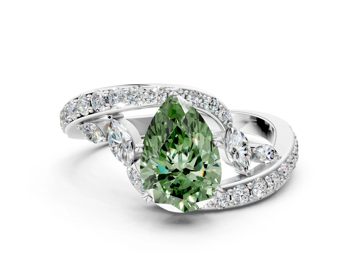 Fancy Green Pear Cut Diamond Solitaire Ring in White gold with Pavé Twist Band and Prong Setting