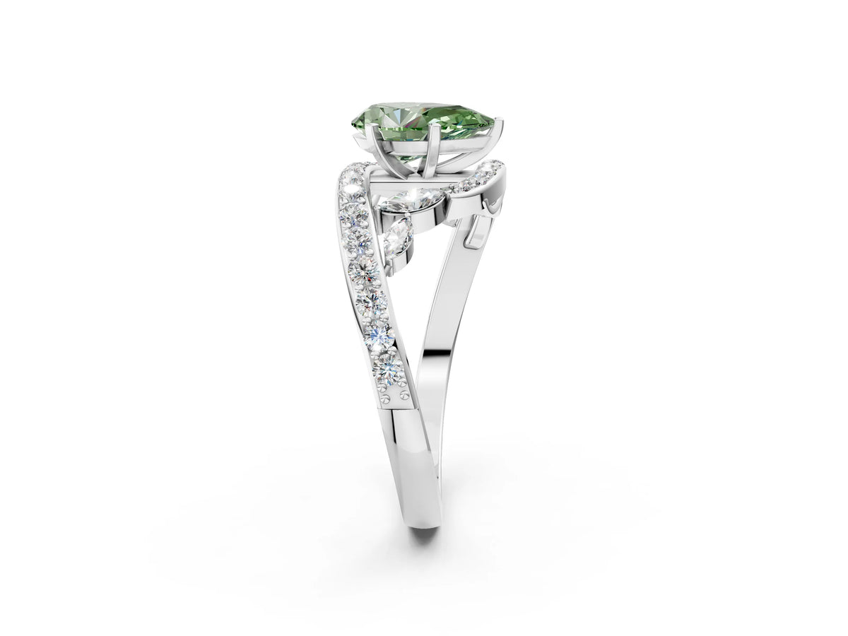 Fancy Green Pear Cut Diamond Solitaire Ring in White gold with Pavé Twist Band and Prong Setting_2