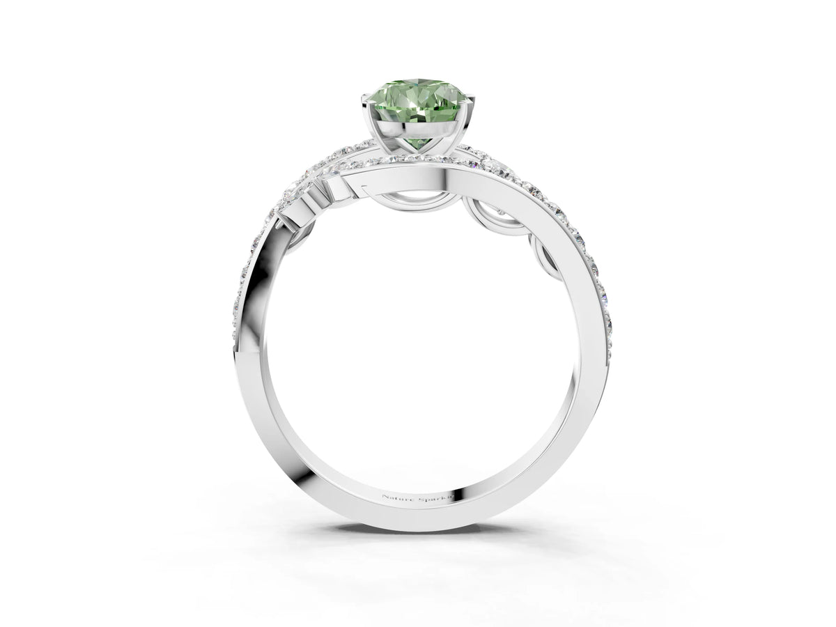 Fancy Green Pear Cut Diamond Solitaire Ring in White gold with Pavé Twist Band and Prong Setting_3
