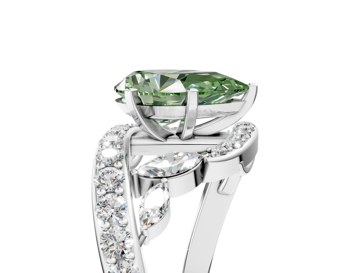 Fancy Green Pear Cut Diamond Solitaire Ring in White gold with Pavé Twist Band and Prong Setting_5