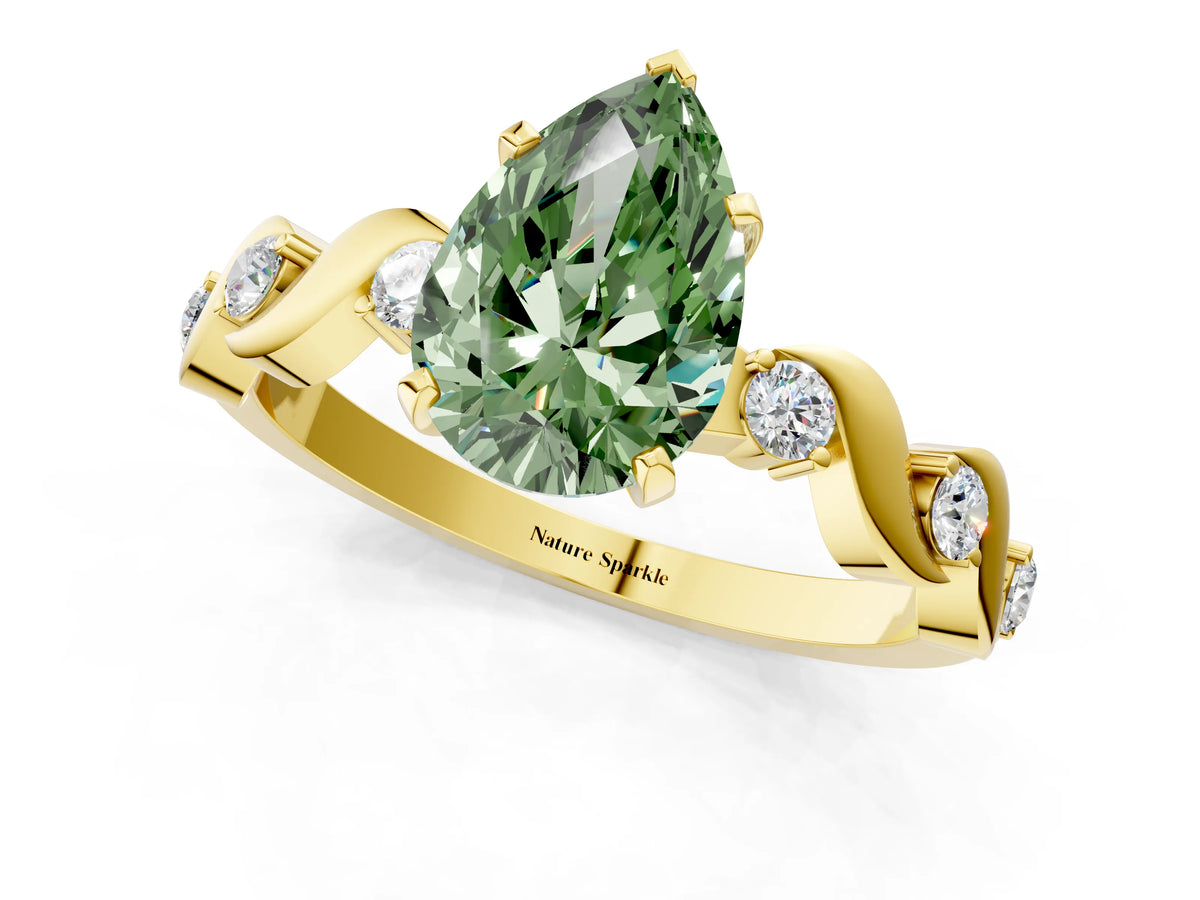 Fancy Green Pear Cut Diamond Solitaire Ring in Yellow gold with Twisted Ribbon Band and Round Accents_1