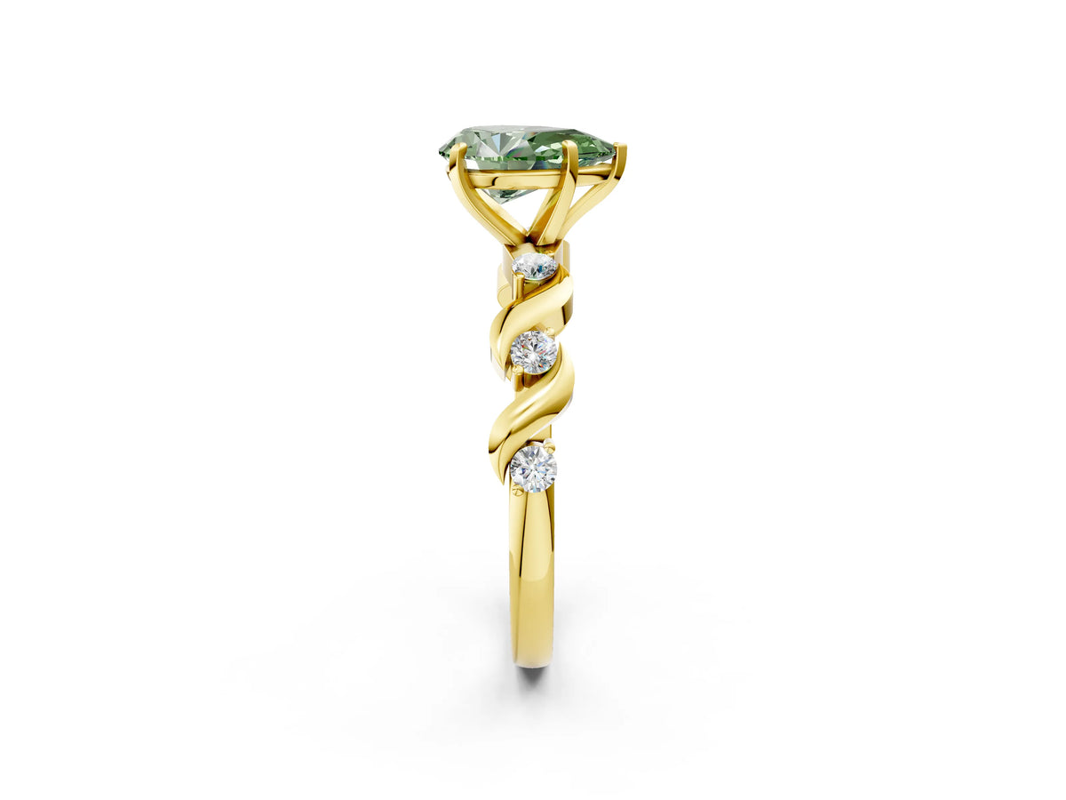 Fancy Green Pear Cut Diamond Solitaire Ring in Yellow gold with Twisted Ribbon Band and Round Accents_2