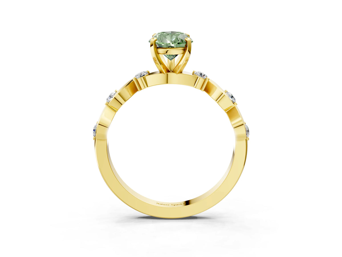 Fancy Green Pear Cut Diamond Solitaire Ring in Yellow gold with Twisted Ribbon Band and Round Accents_3