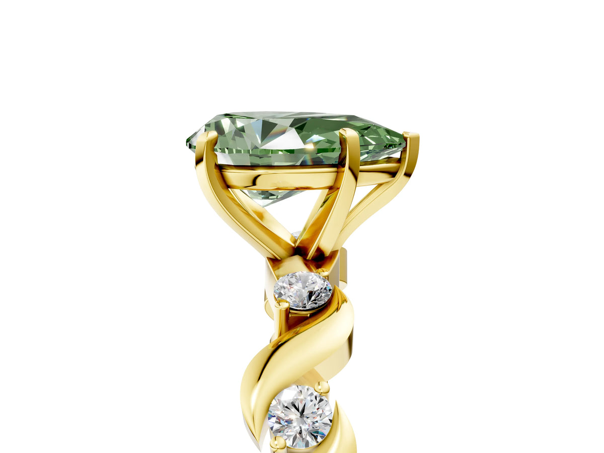 Fancy Green Pear Cut Diamond Solitaire Ring in Yellow gold with Twisted Ribbon Band and Round Accents_5