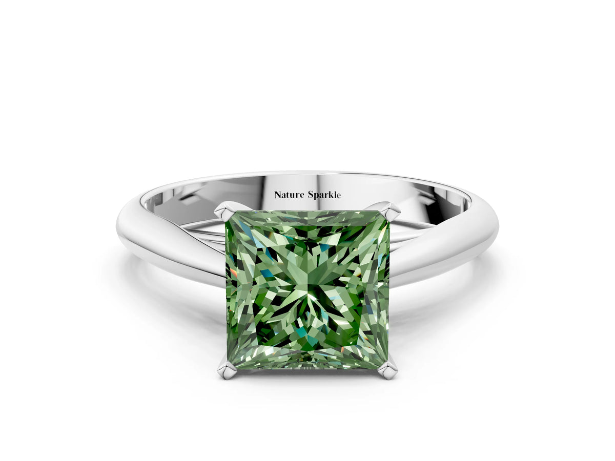 Fancy Green Princess Cut Diamond Cathedral Solitaire Engagement Ring in Silver with Prong Setting