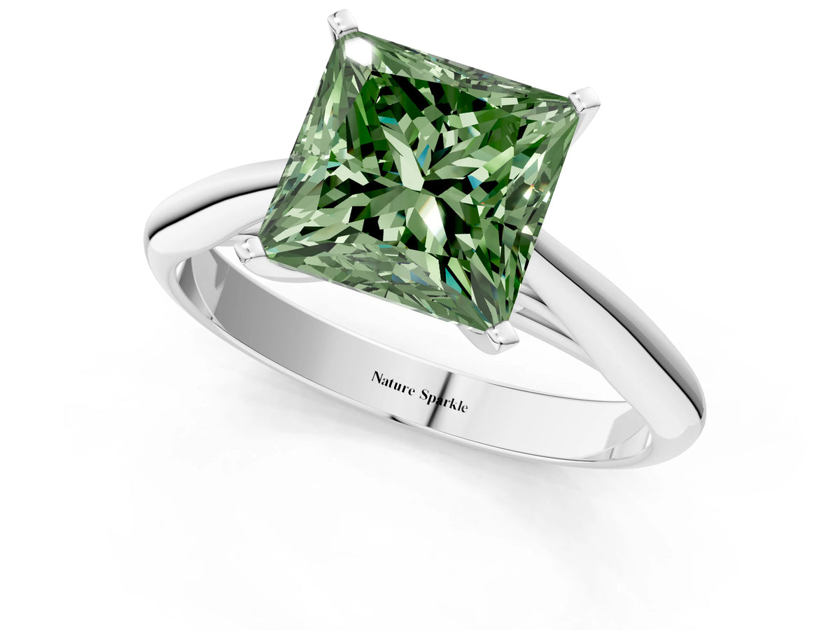 Fancy Green Princess Cut Diamond Cathedral Solitaire Engagement Ring in Silver with Prong Setting_1
