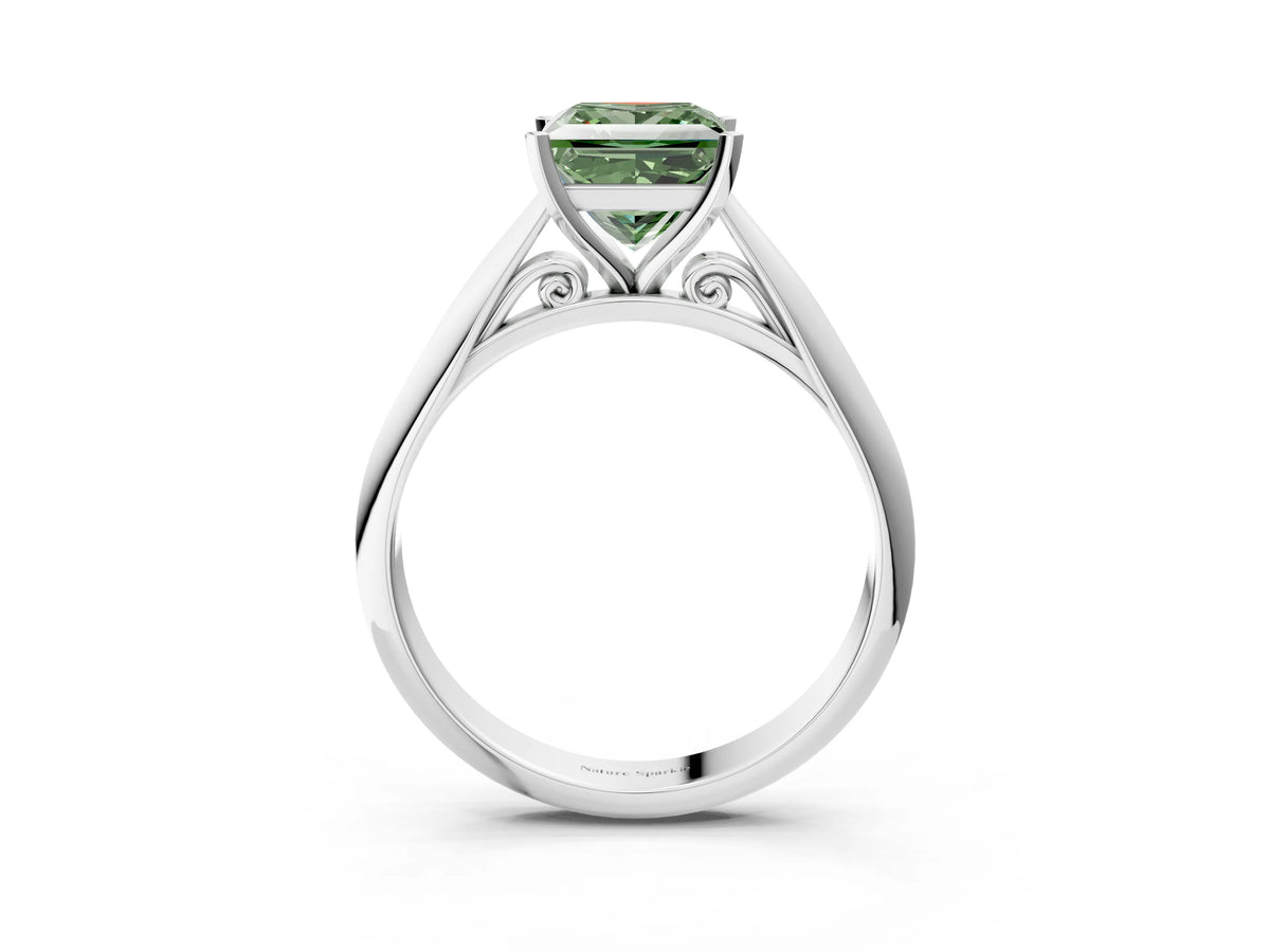 Fancy Green Princess Cut Diamond Cathedral Solitaire Engagement Ring in Silver with Prong Setting_3