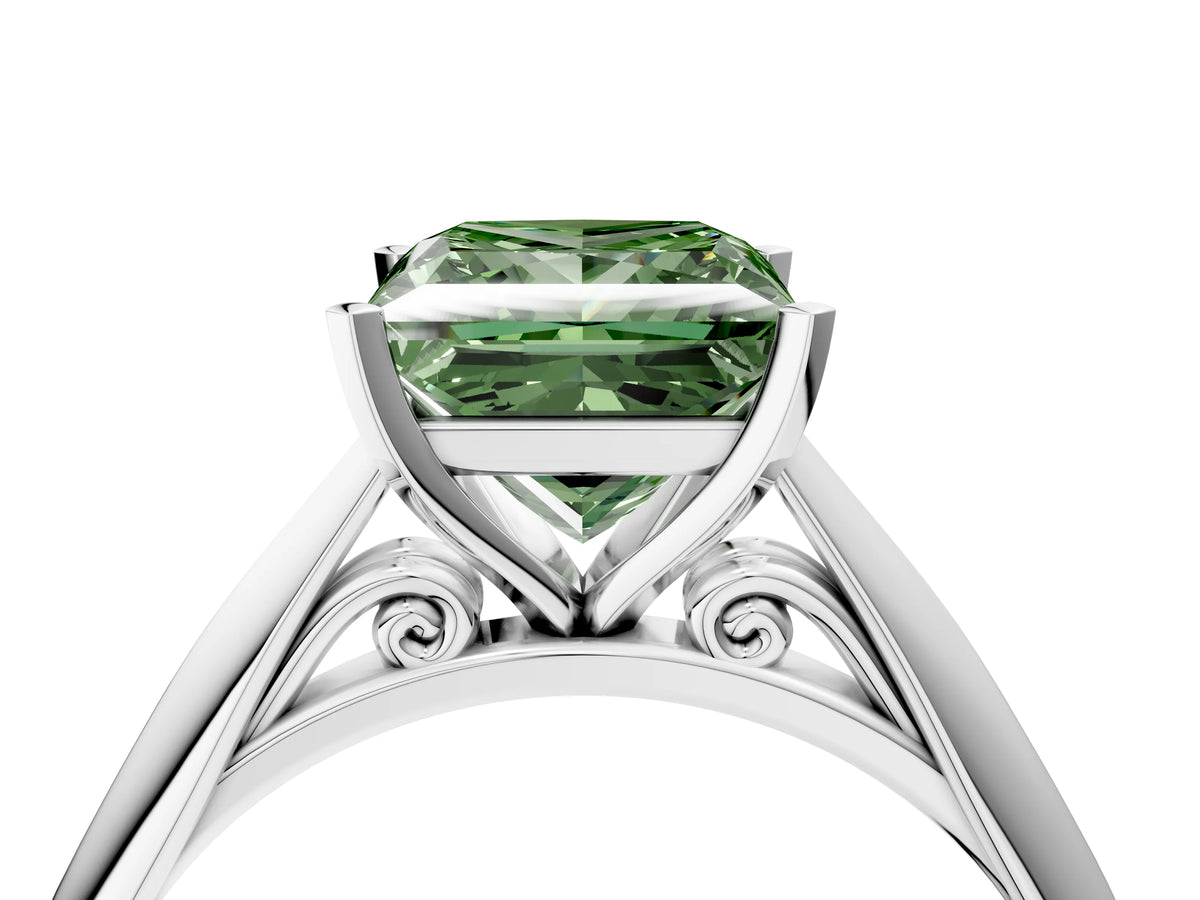 Fancy Green Princess Cut Diamond Cathedral Solitaire Engagement Ring in Silver with Prong Setting_4