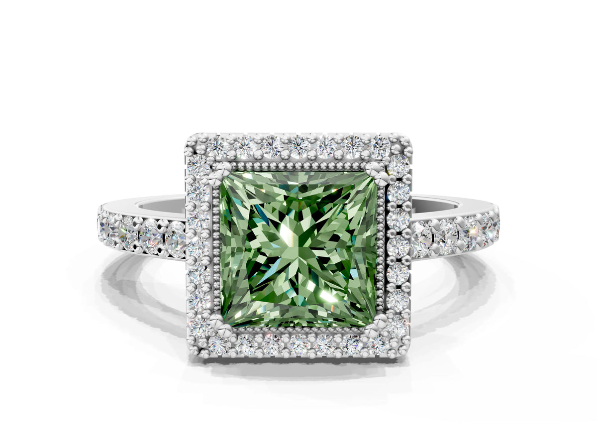 Fancy Green Princess Cut Diamond Halo Engagement Ring in Platinum with Milgrain Detail and Pavé Band_12