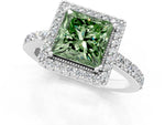Fancy Green Princess Cut Diamond Halo Engagement Ring in Platinum with Milgrain Detail and Pavé Band_13