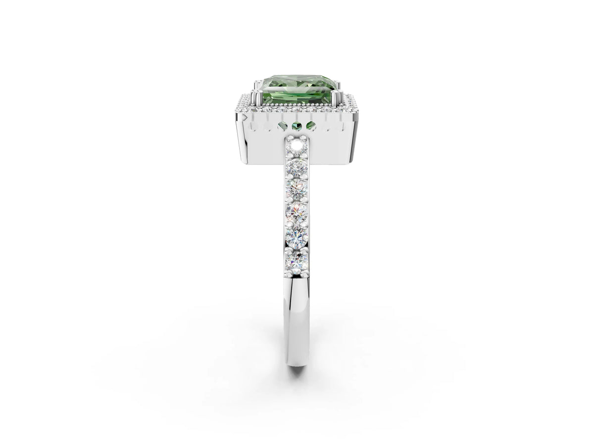 Fancy Green Princess Cut Diamond Halo Engagement Ring in Platinum with Milgrain Detail and Pavé Band_14