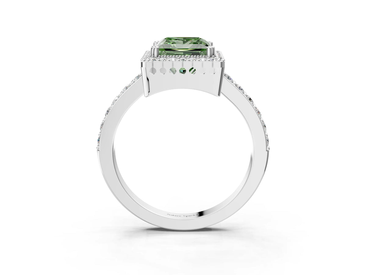 Fancy Green Princess Cut Diamond Halo Engagement Ring in Platinum with Milgrain Detail and Pavé Band_15