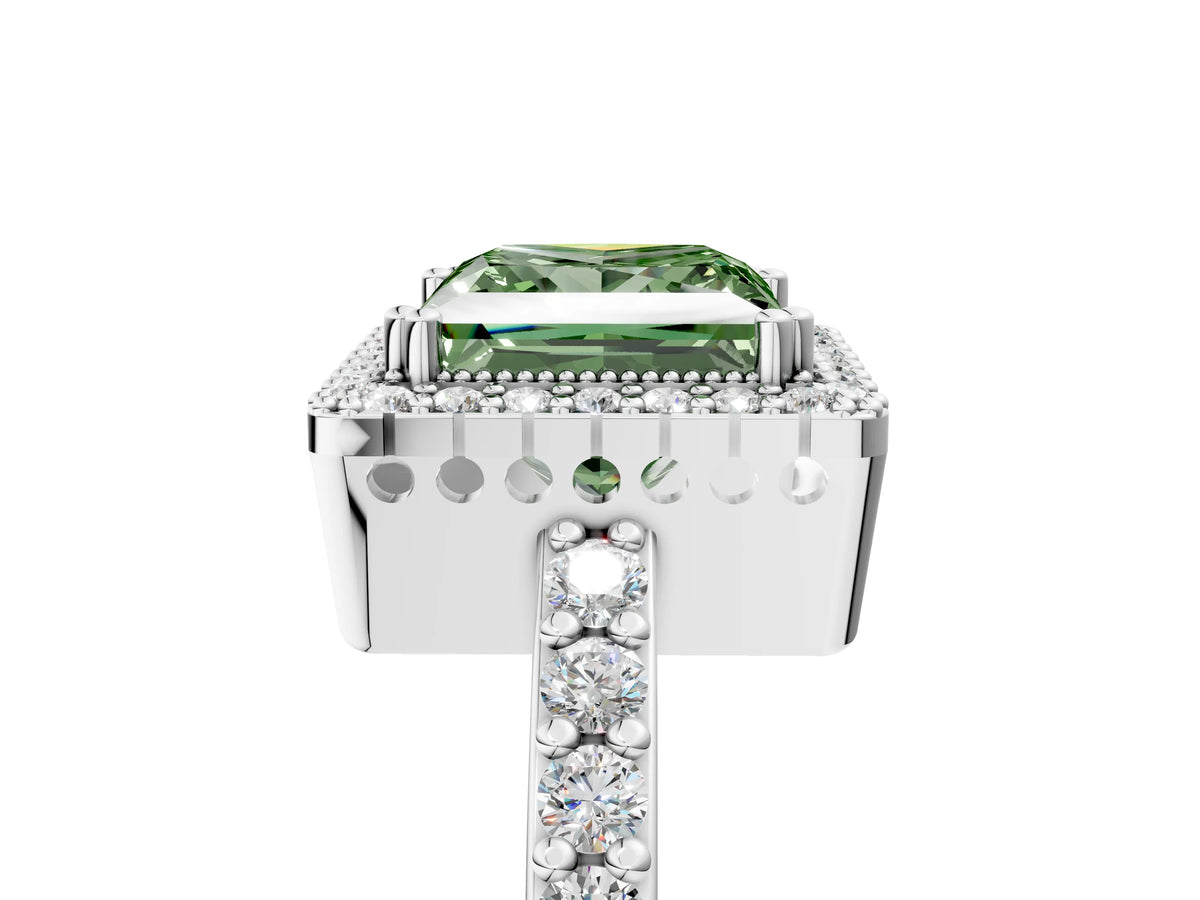 Fancy Green Princess Cut Diamond Halo Engagement Ring in Platinum with Milgrain Detail and Pavé Band_17