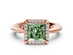 Fancy Green Princess Cut Diamond Halo Engagement Ring in Rose gold with Plain Split Shank and Prong Setting