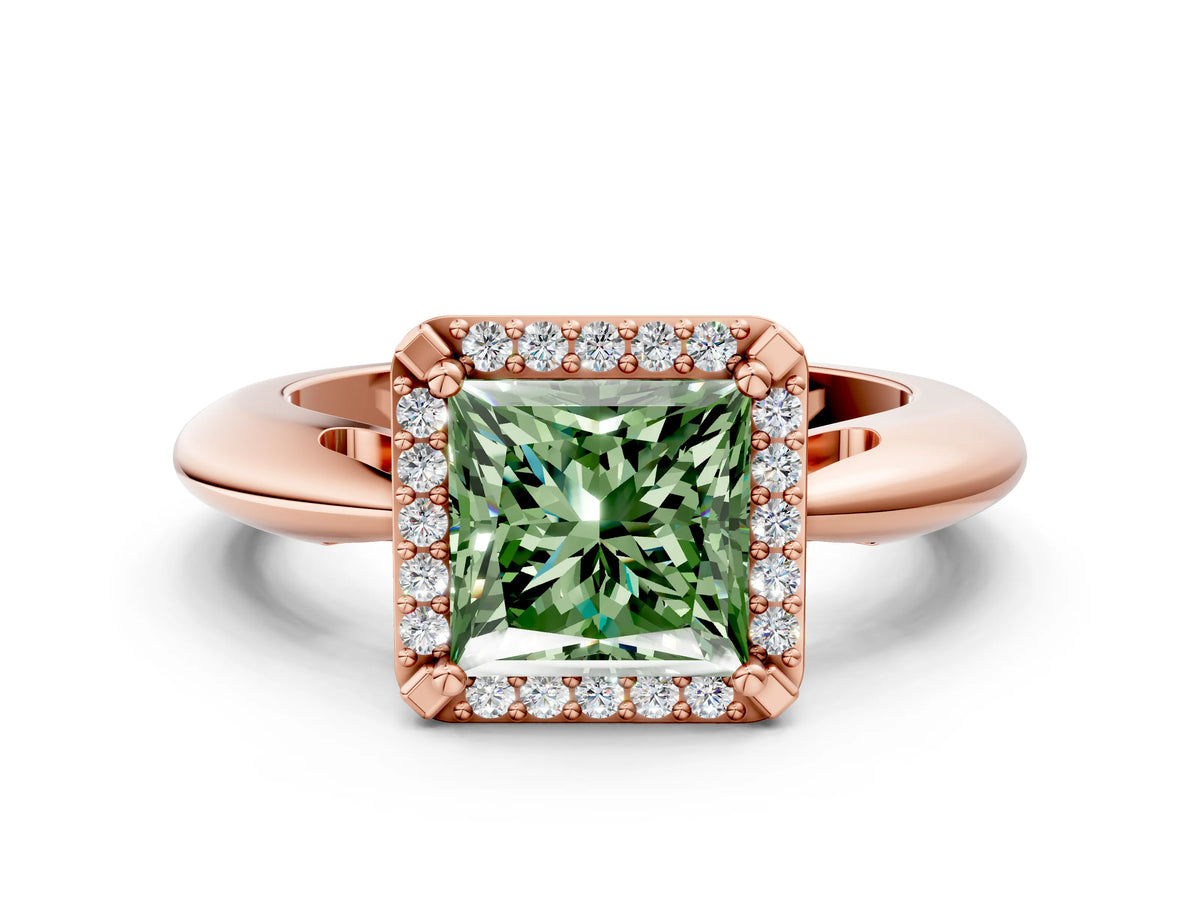 Fancy Green Princess Cut Diamond Halo Engagement Ring in Rose gold with Plain Split Shank and Prong Setting