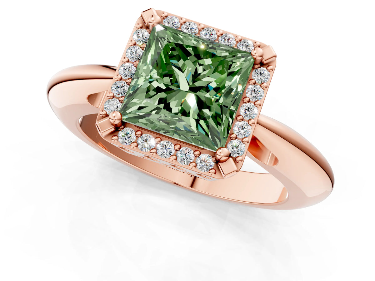 Fancy Green Princess Cut Diamond Halo Engagement Ring in Rose gold with Plain Split Shank and Prong Setting_1