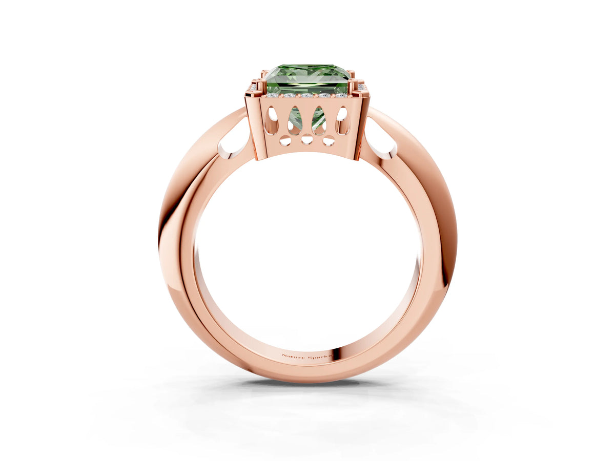 Fancy Green Princess Cut Diamond Halo Engagement Ring in Rose gold with Plain Split Shank and Prong Setting_3