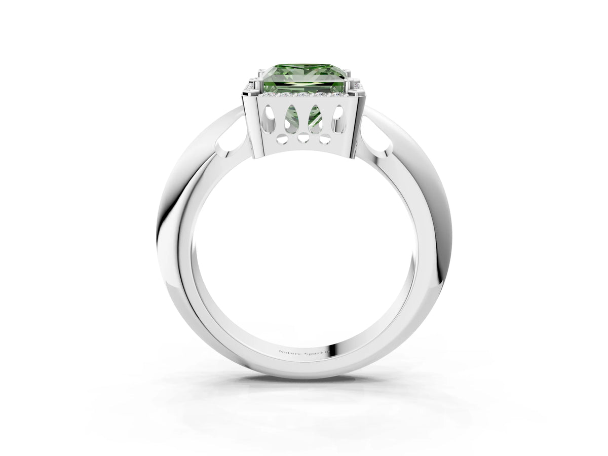 Fancy Green Princess Cut Diamond Halo Engagement Ring in Silver with Plain Split Shank and Prong Setting_15