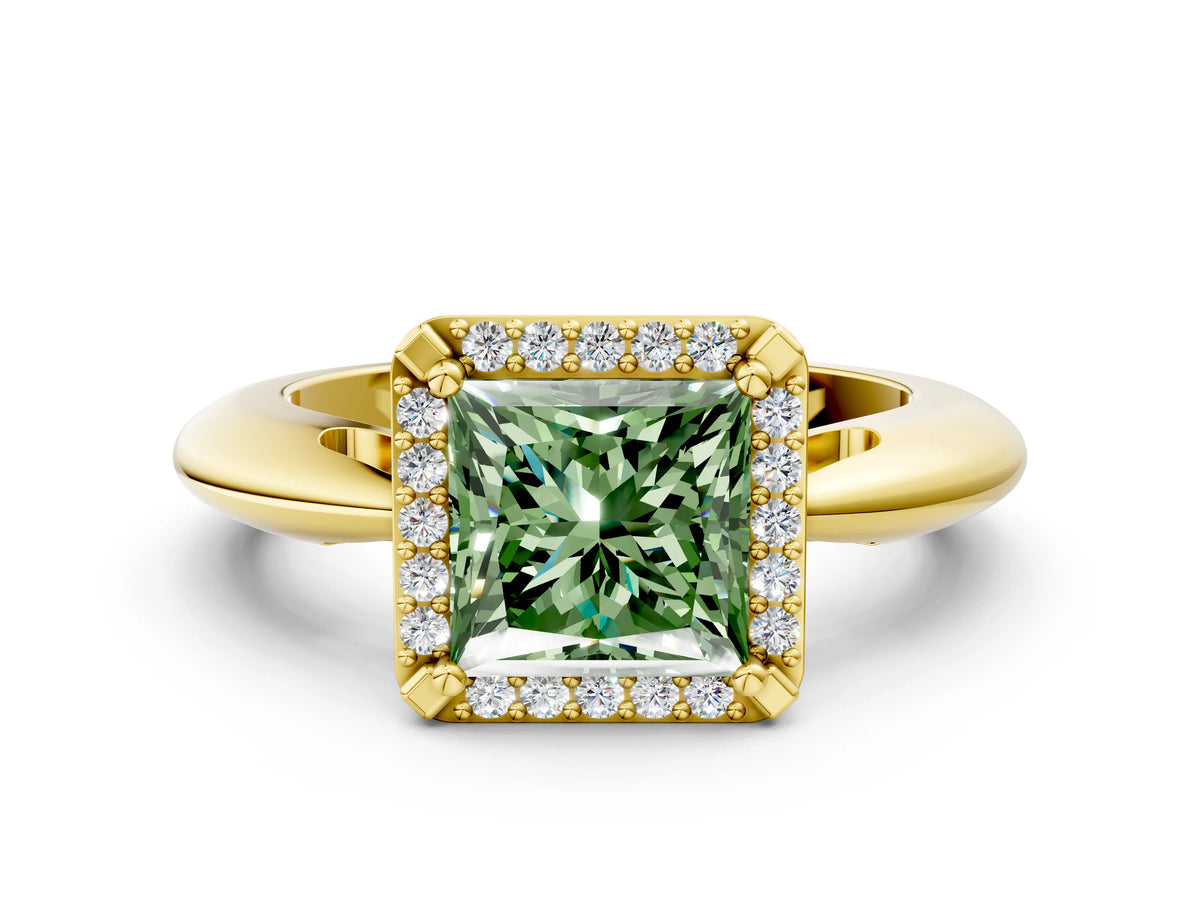 Fancy Green Princess Cut Diamond Halo Engagement Ring in Yellow gold with Plain Split Shank and Prong Setting