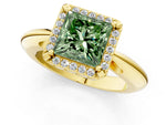 Fancy Green Princess Cut Diamond Halo Engagement Ring in Yellow gold with Plain Split Shank and Prong Setting_1