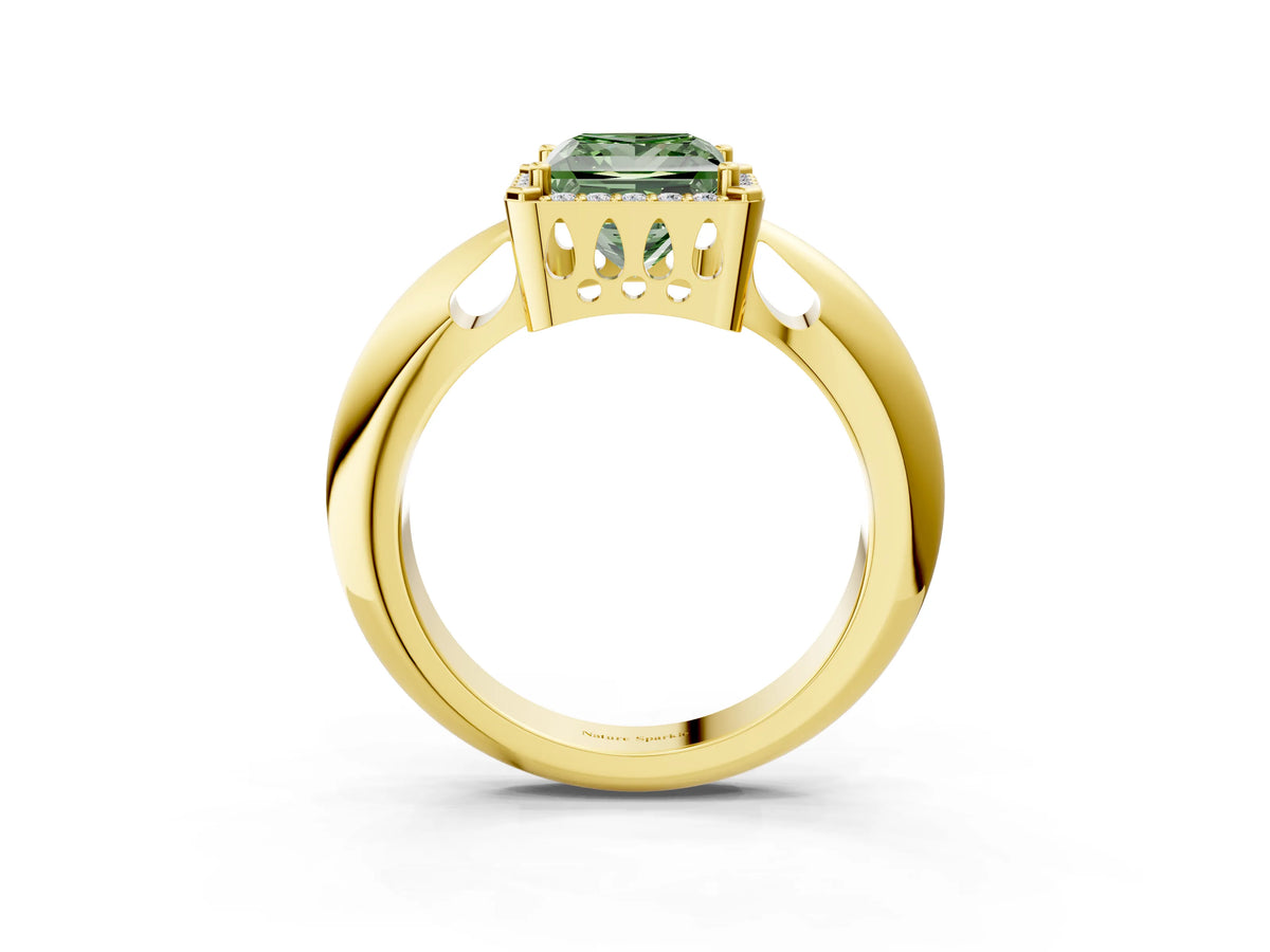 Fancy Green Princess Cut Diamond Halo Engagement Ring in Yellow gold with Plain Split Shank and Prong Setting_3