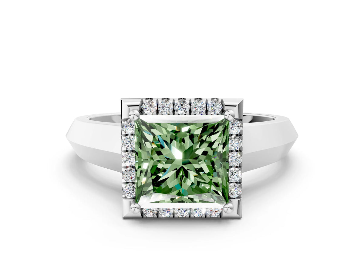 Fancy Green Princess Cut Diamond Halo Ring in Platinum with Cathedral Band and Prong Setting_6