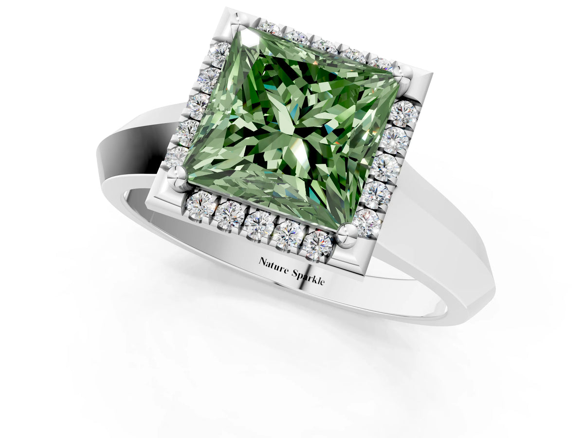 Fancy Green Princess Cut Diamond Halo Ring in Platinum with Cathedral Band and Prong Setting_7