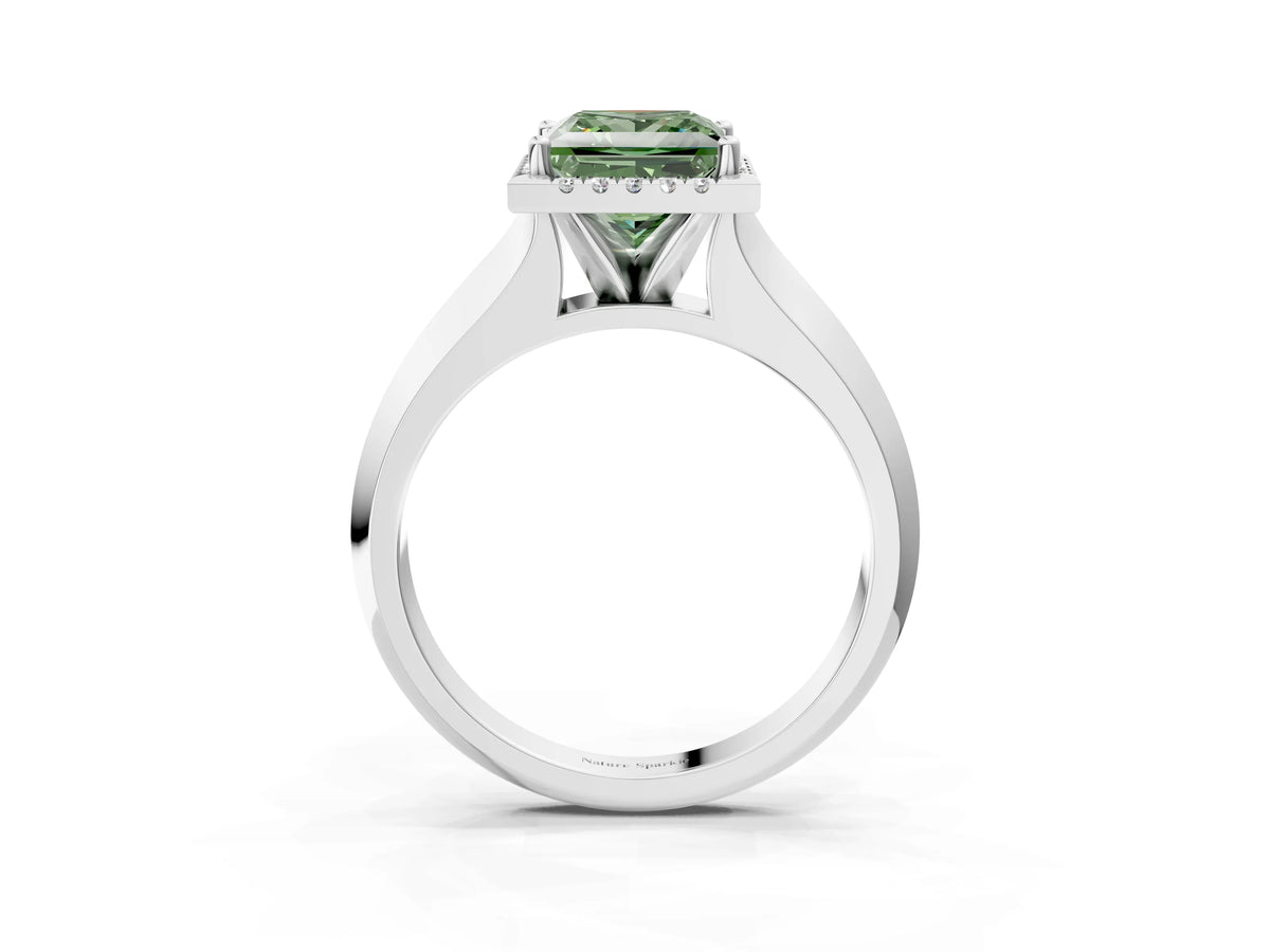 Fancy Green Princess Cut Diamond Halo Ring in Platinum with Cathedral Band and Prong Setting_9