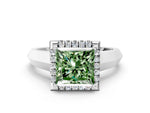 Fancy Green Princess Cut Diamond Halo Ring in White gold with Cathedral Band and Prong Setting