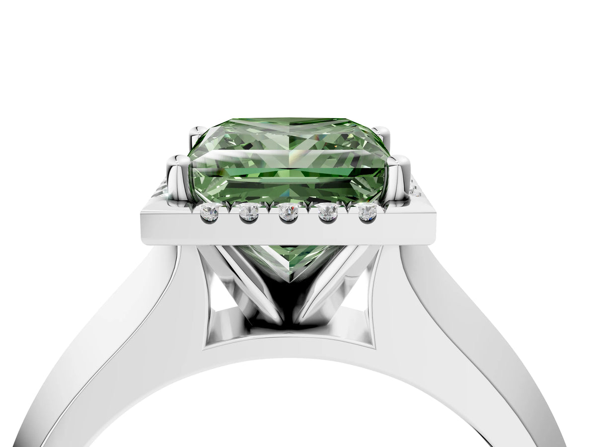 Fancy Green Princess Cut Diamond Halo Ring in White gold with Cathedral Band and Prong Setting_4