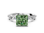 Fancy Green Princess Cut Diamond Solitaire Ring in Platinum with Twisted Ribbon Band and Round Accents