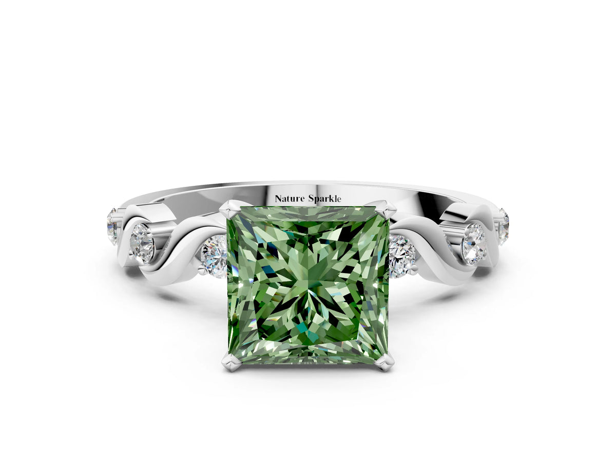 Fancy Green Princess Cut Diamond Solitaire Ring in Platinum with Twisted Ribbon Band and Round Accents