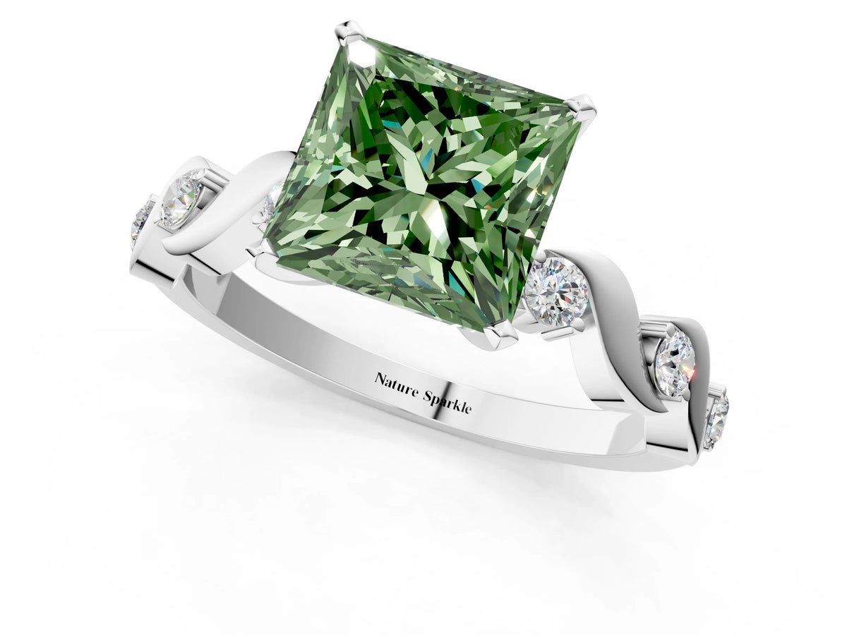 Fancy Green Princess Cut Diamond Solitaire Ring in Platinum with Twisted Ribbon Band and Round Accents_1