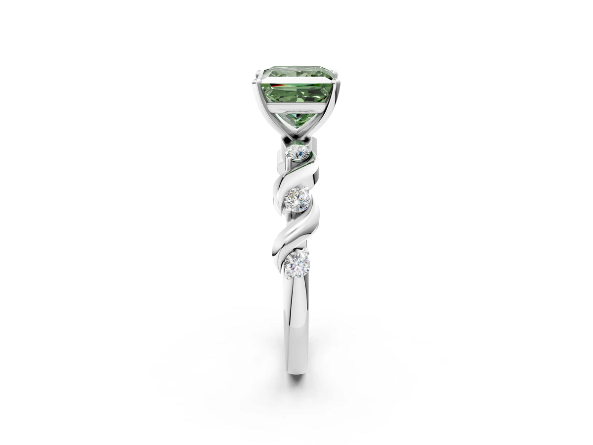 Fancy Green Princess Cut Diamond Solitaire Ring in Platinum with Twisted Ribbon Band and Round Accents_2