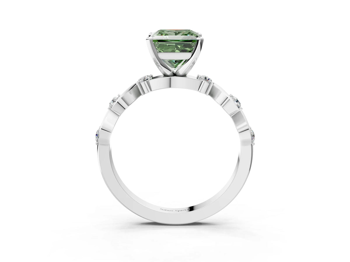 Fancy Green Princess Cut Diamond Solitaire Ring in Platinum with Twisted Ribbon Band and Round Accents_3