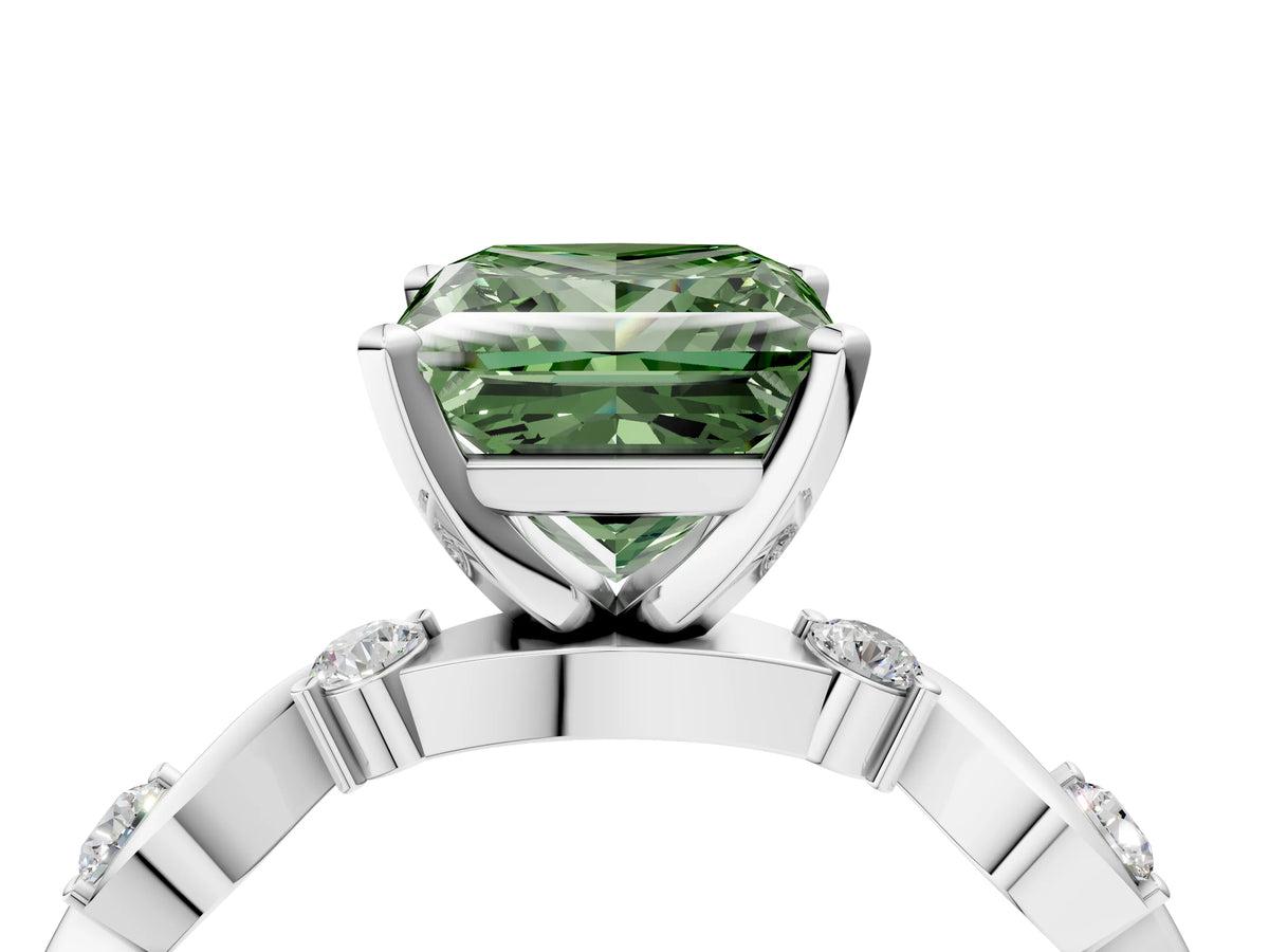 Fancy Green Princess Cut Diamond Solitaire Ring in Platinum with Twisted Ribbon Band and Round Accents_4