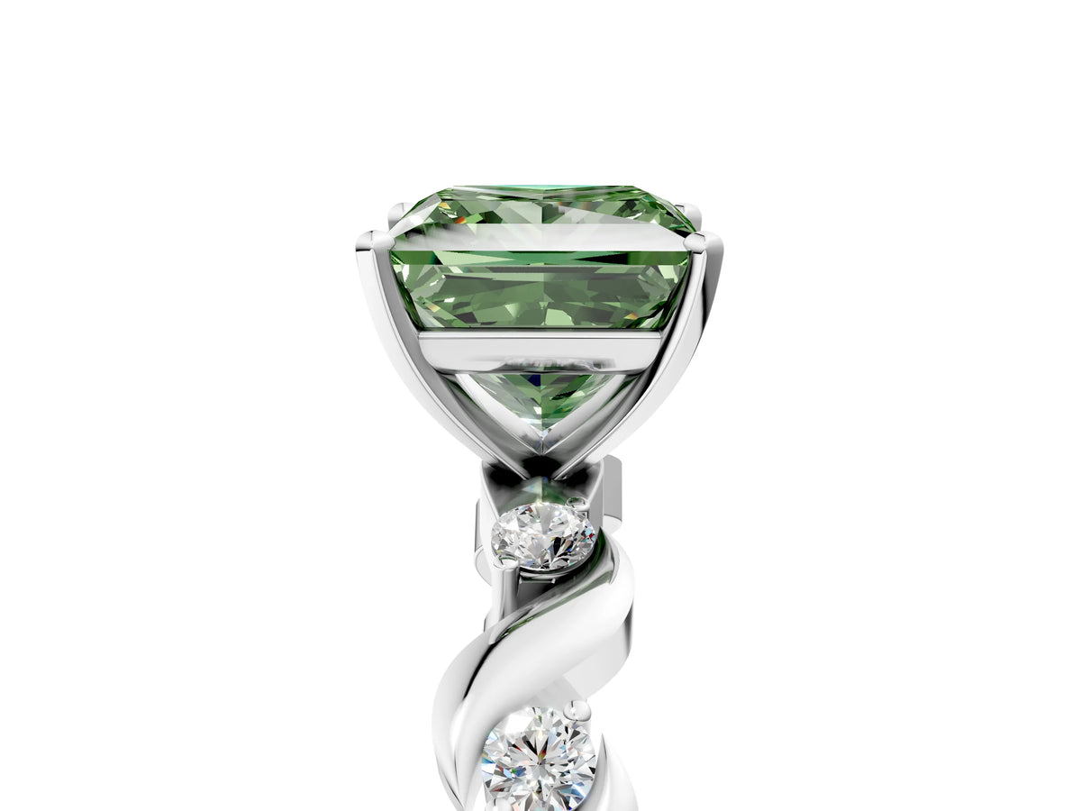 Fancy Green Princess Cut Diamond Solitaire Ring in Platinum with Twisted Ribbon Band and Round Accents_5