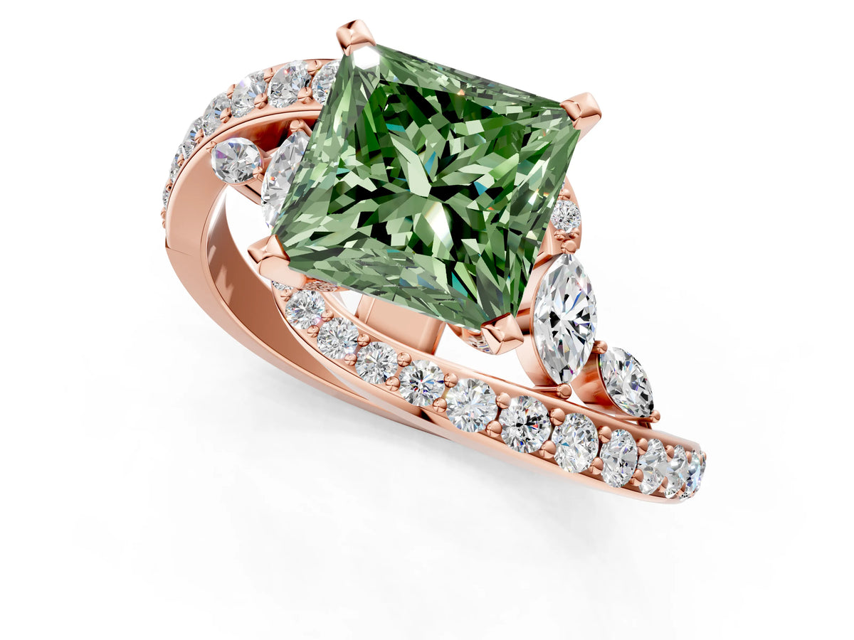 Fancy Green Princess Cut Diamond Solitaire Ring in Rose gold with Pavé Twist Band and Prong Setting_1