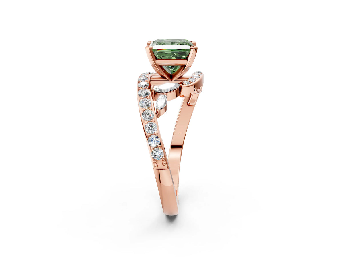 Fancy Green Princess Cut Diamond Solitaire Ring in Rose gold with Pavé Twist Band and Prong Setting_2