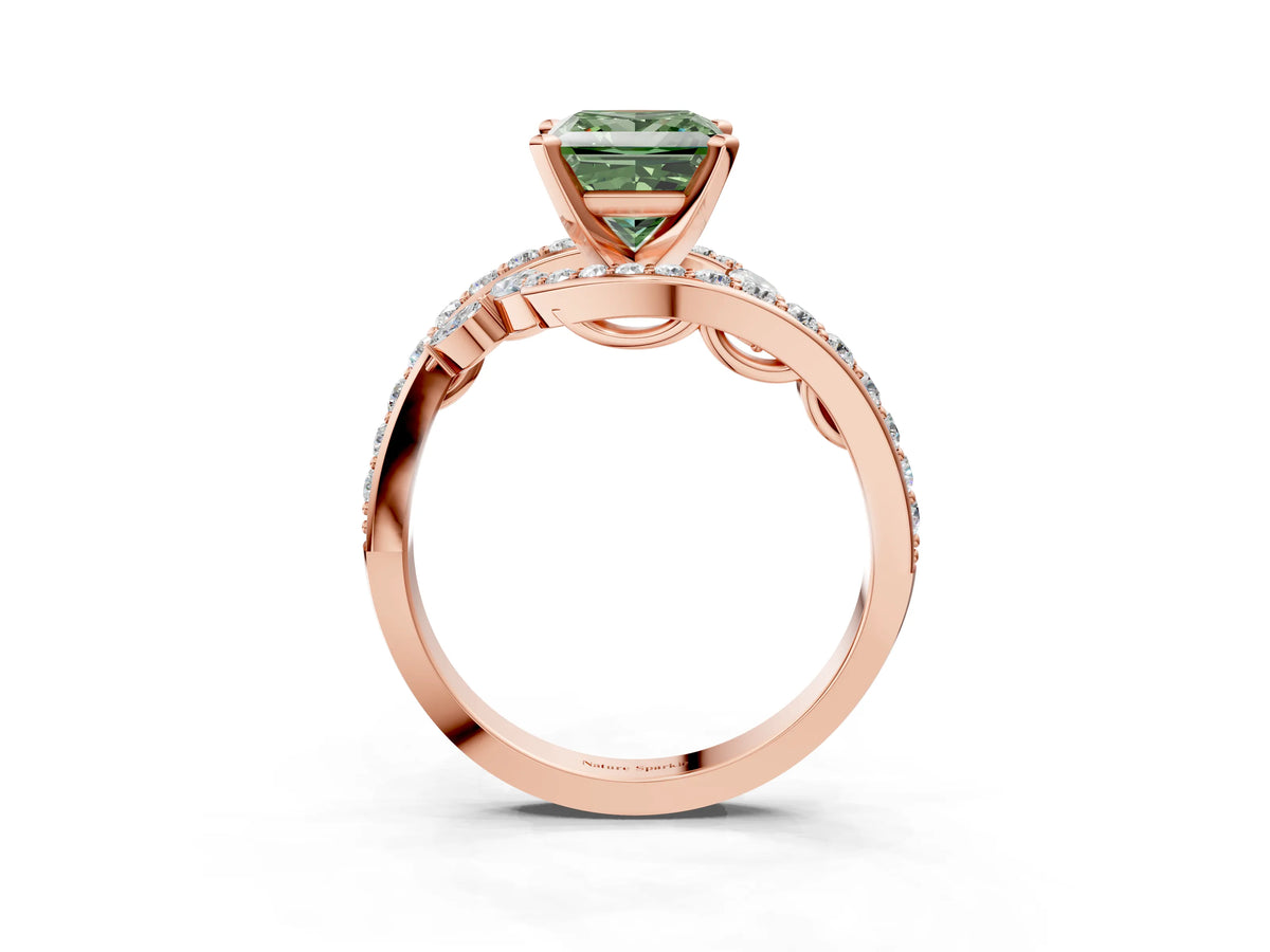 Fancy Green Princess Cut Diamond Solitaire Ring in Rose gold with Pavé Twist Band and Prong Setting_3