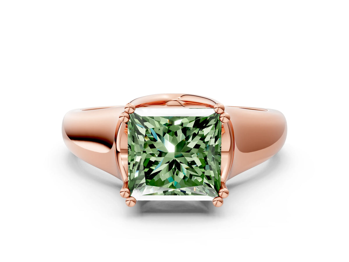 Fancy Green Princess Cut Diamond Solitaire Ring in Rose gold with Smooth Wide Band and Prong Setting