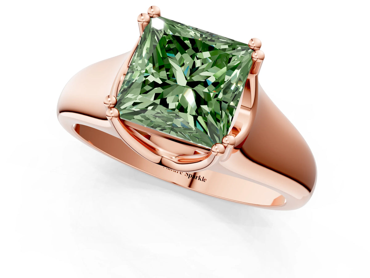 Fancy Green Princess Cut Diamond Solitaire Ring in Rose gold with Smooth Wide Band and Prong Setting_1