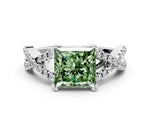 Fancy Green Princess Cut Diamond Solitaire Ring in Silver with Interwoven Pavé Band and Prong Setting_6
