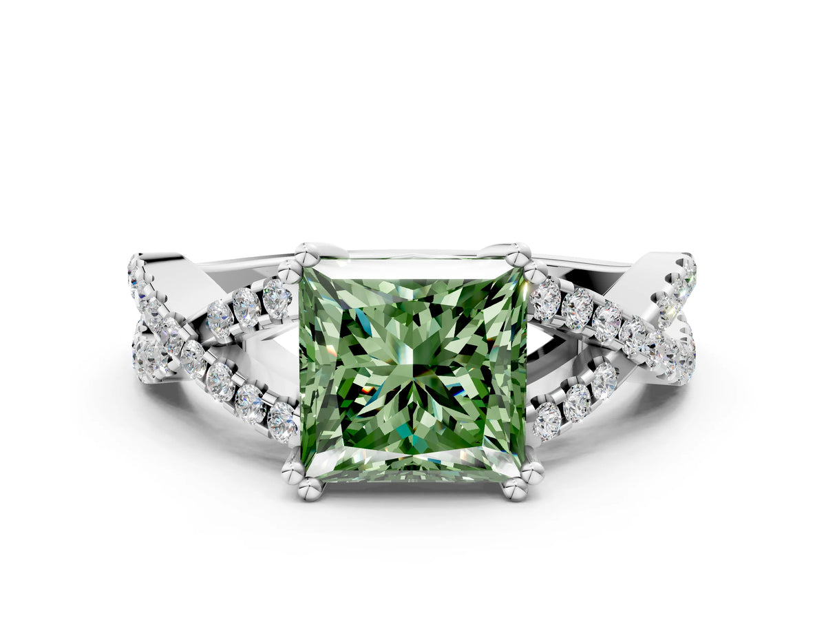 Fancy Green Princess Cut Diamond Solitaire Ring in Silver with Interwoven Pavé Band and Prong Setting_6