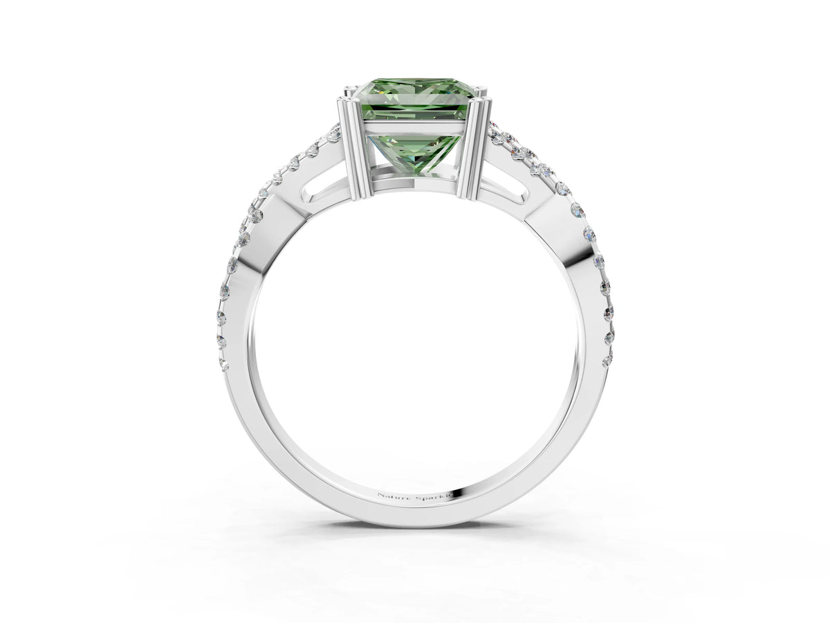 Fancy Green Princess Cut Diamond Solitaire Ring in Silver with Interwoven Pavé Band and Prong Setting_9