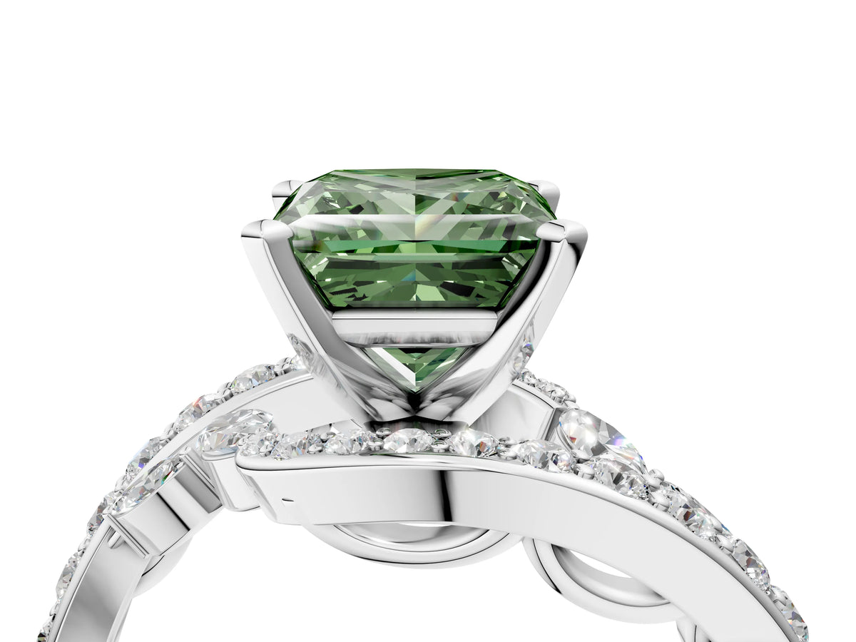 Fancy Green Princess Cut Diamond Solitaire Ring in Silver with Pavé Twist Band and Prong Setting_10