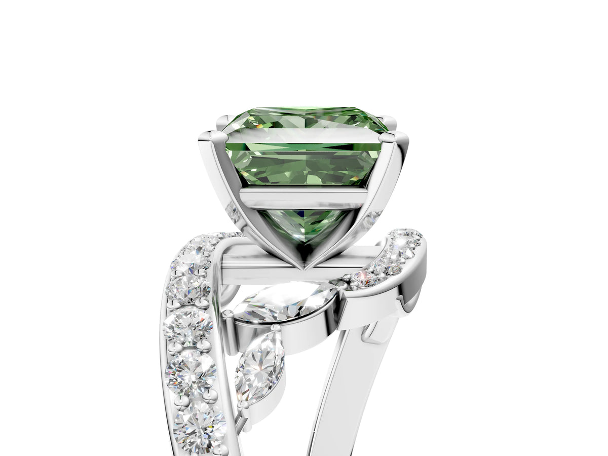 Fancy Green Princess Cut Diamond Solitaire Ring in Silver with Pavé Twist Band and Prong Setting_11