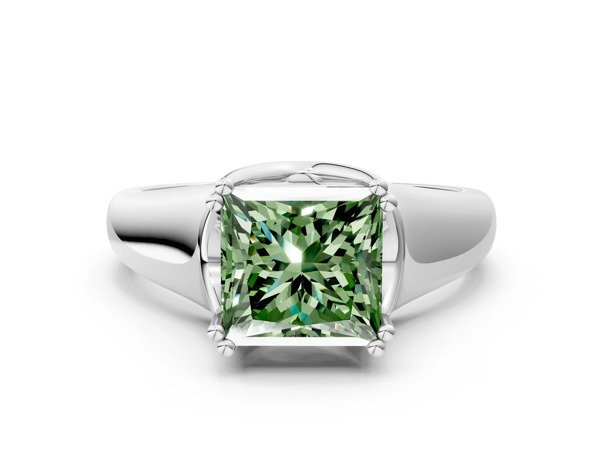 Fancy Green Princess Cut Diamond Solitaire Ring in Silver with Smooth Wide Band and Prong Setting_12
